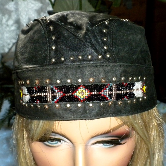 Leather Beaded Studded Cap Hat - Picture 1 of 3